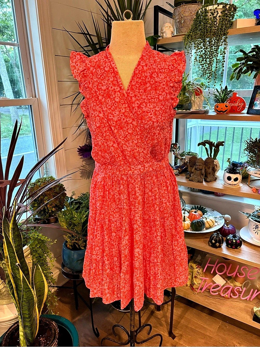 Rachel Zoe Floral Ruffle Sleeve Midi Dress in orange & Pink Like New